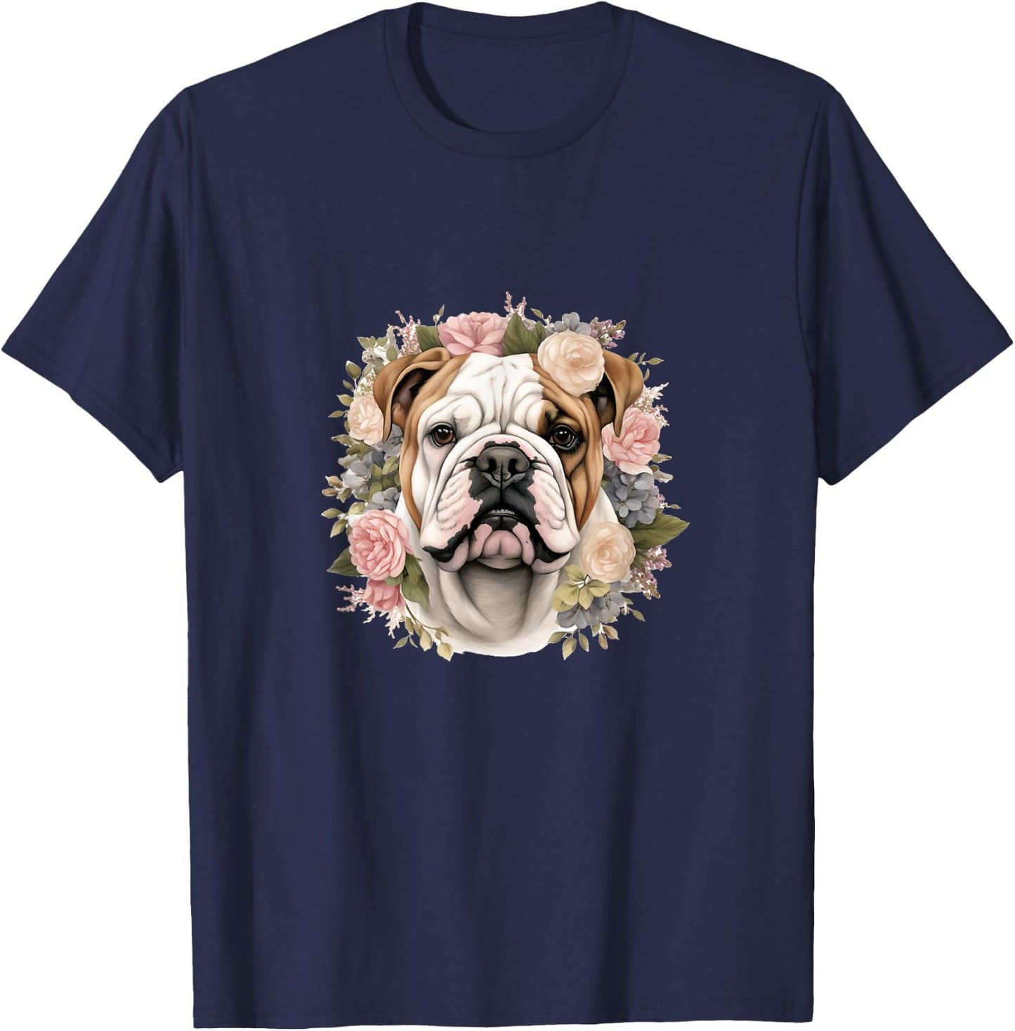 Floral English Bulldog Pastel Flower Border T-Shirt - T-Shirt | Navy