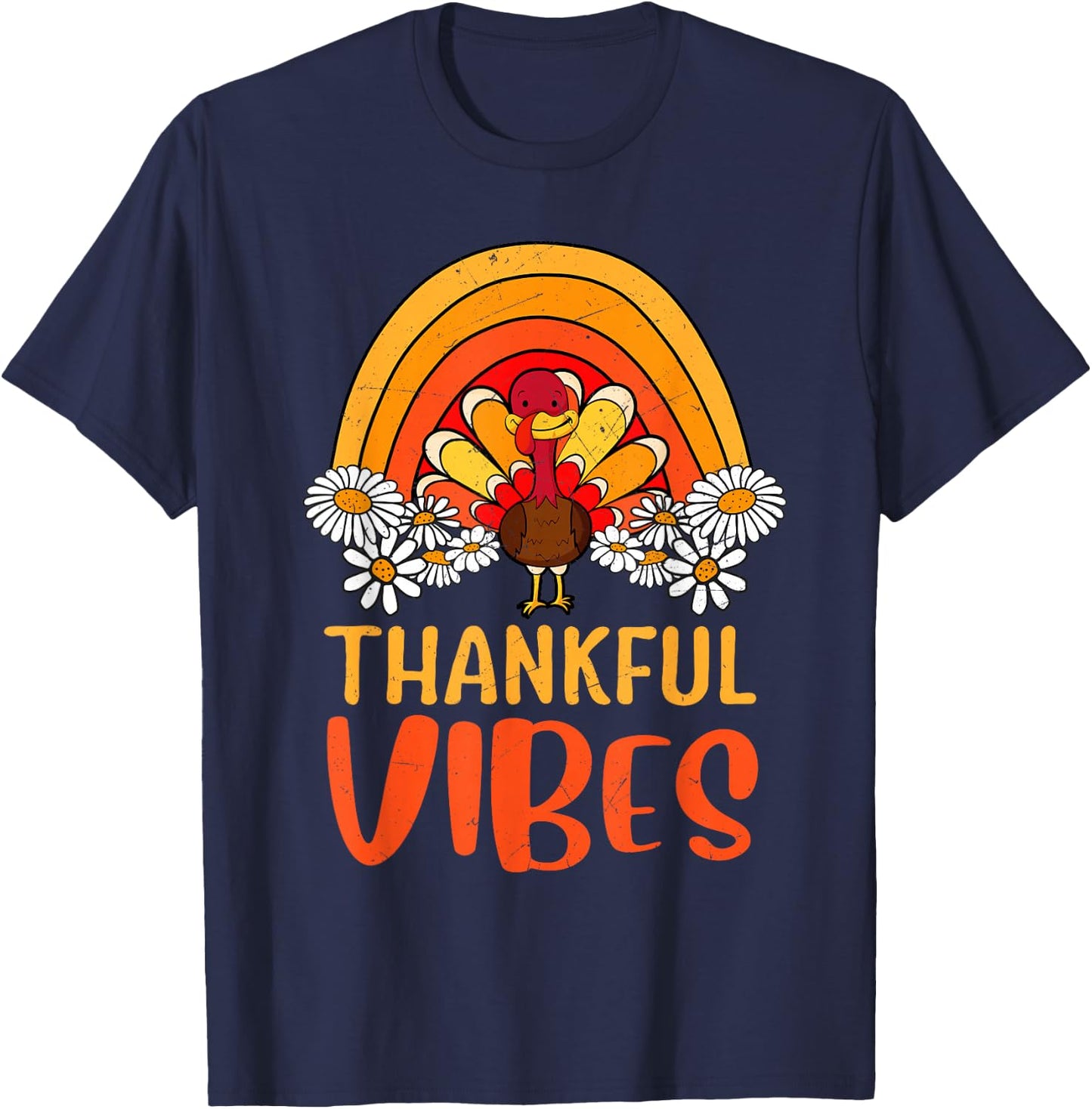 Thankful Vibes Turkey Retro Groovy Thanksgiving Rainbow T-Shirt - T-Shirt | Navy