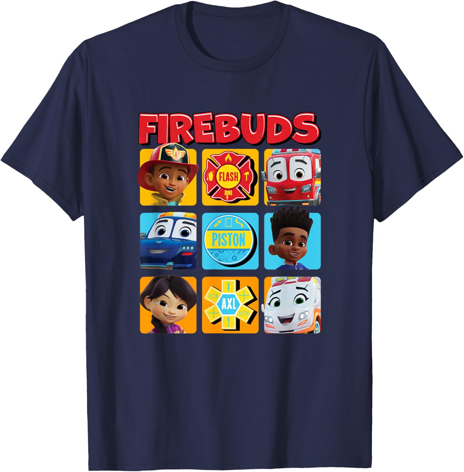 Disney Firebuds Happy Main Characters Panels Big Chest Logo T-Shirt - T-Shirt | Navy
