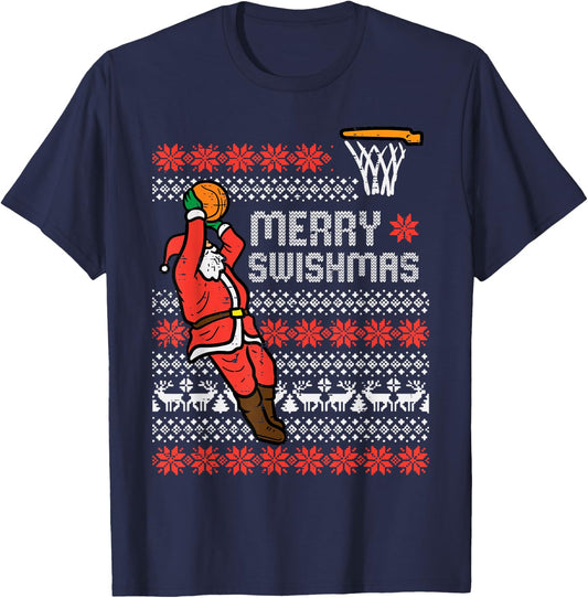 Merry Swishmas Basketball Ugly Christmas Xmas Men Boys Kids T-Shirt - T-Shirt | Navy