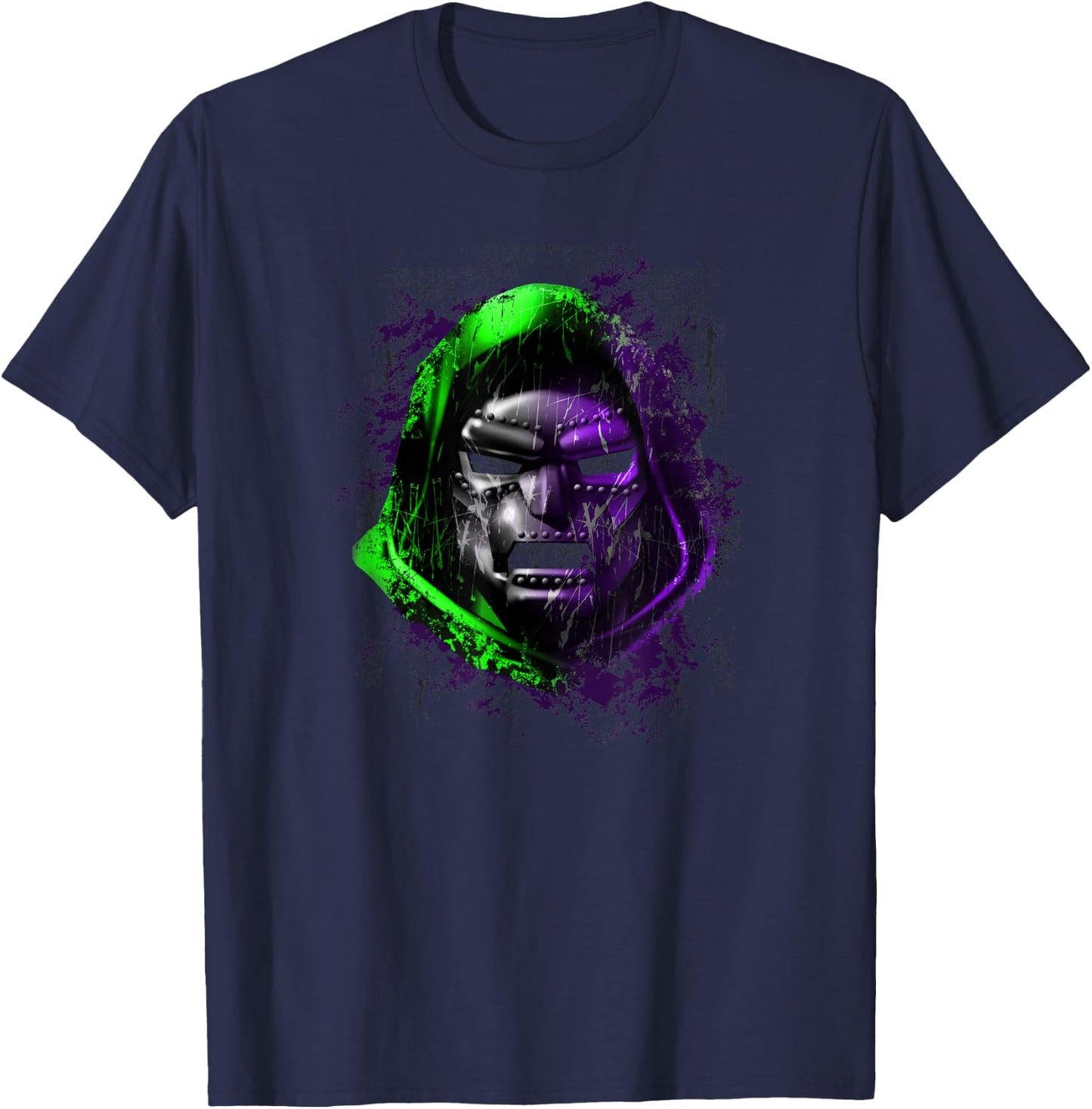 Marvel Fantastic Four Dr. Doom Mask Color Pop Distressed T-Shirt - T-Shirt | Navy