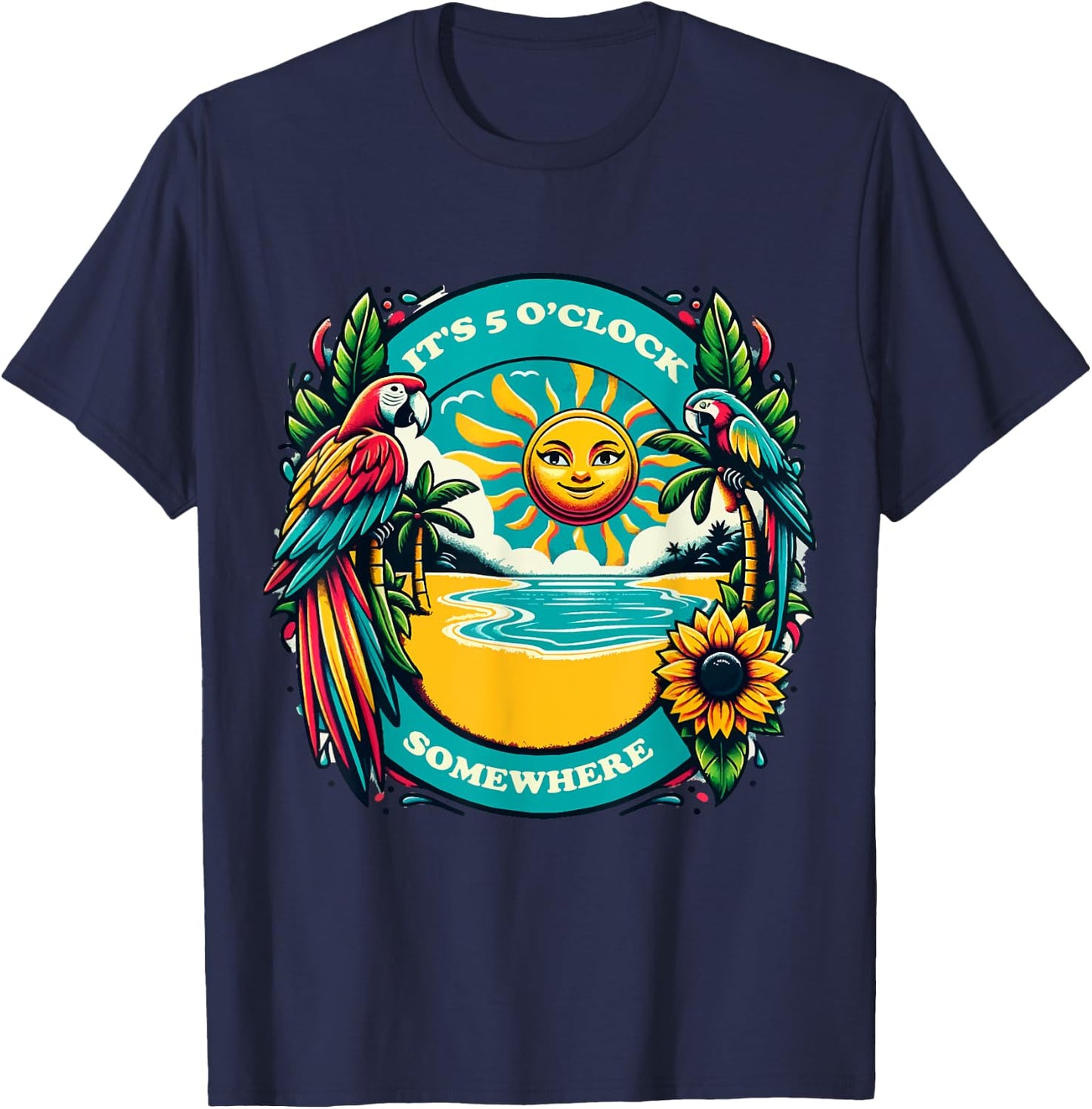 It's 5 O’clock Somewhere-Parrot Summer Beach T-Shirt - T-Shirt | Navy