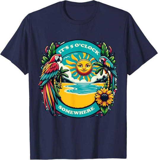 It's 5 O’clock Somewhere-Parrot Summer Beach T-Shirt - T-Shirt | Navy