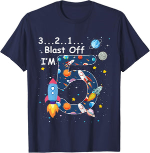 Kids Outer Space Blast Off 5 Year Old 5th Birthday Boys Girls T-Shirt - T-Shirt | Navy