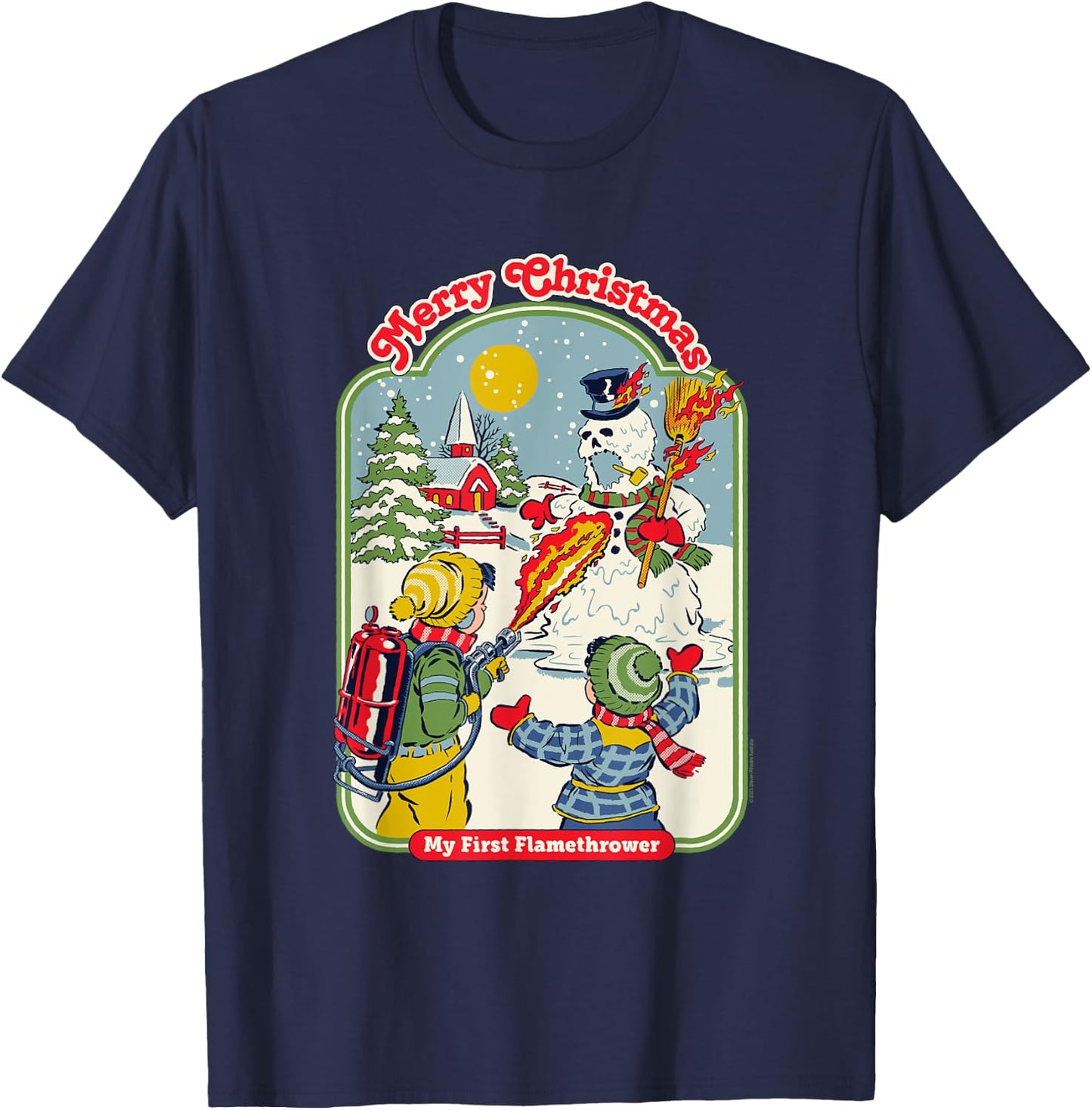 Steven Rhodes My First Flamethrower Snowman Retro Dark Humor T-Shirt - T-Shirt | Navy