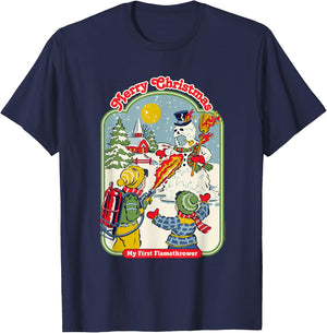 Steven Rhodes My First Flamethrower Snowman Retro Dark Humor T-Shirt - T-Shirt | Navy