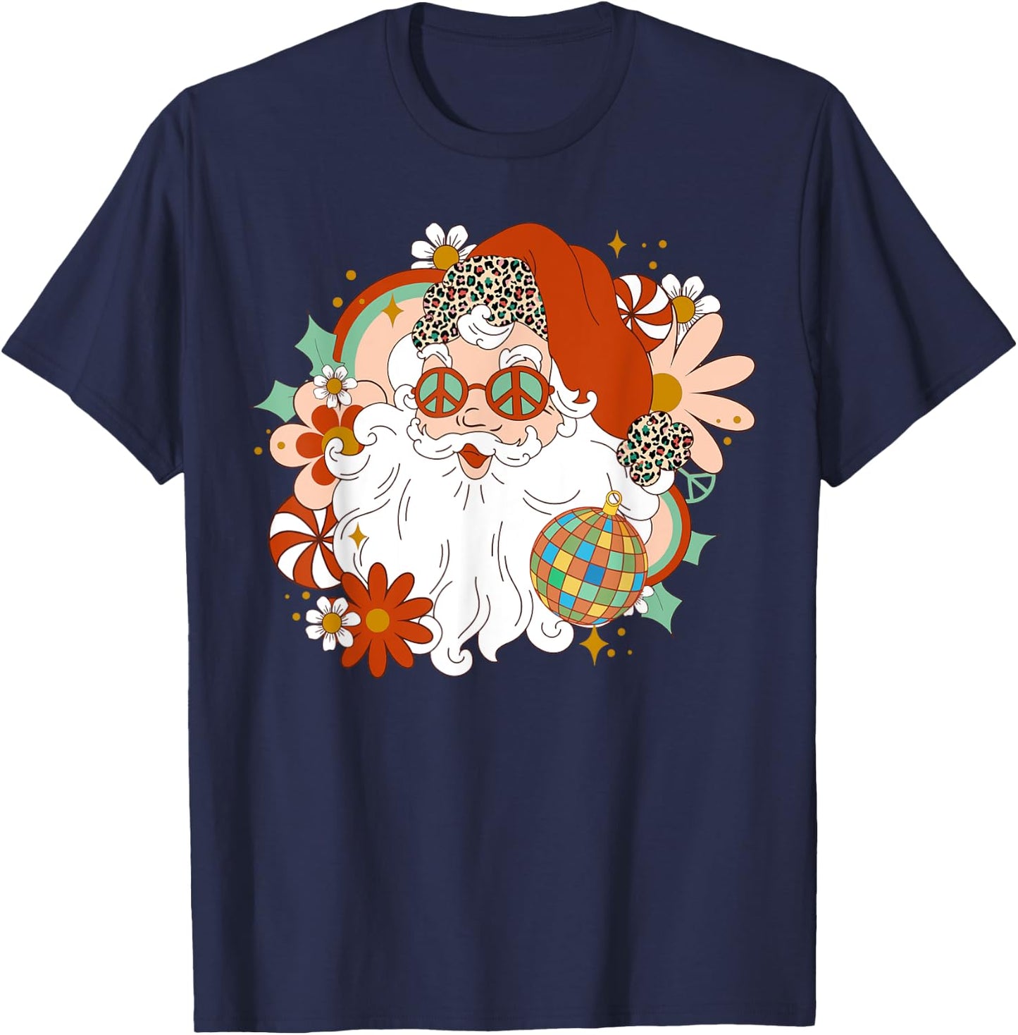 Hippie Santa Claus Floral Peace Sign Xmas Retro Christmas T-Shirt - T-Shirt | Navy