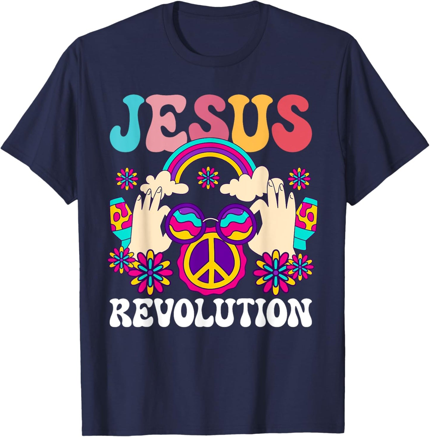 Jesus Revolution Christian Hippie Rainbow Religious Hippy T-Shirt - T-Shirt | Navy
