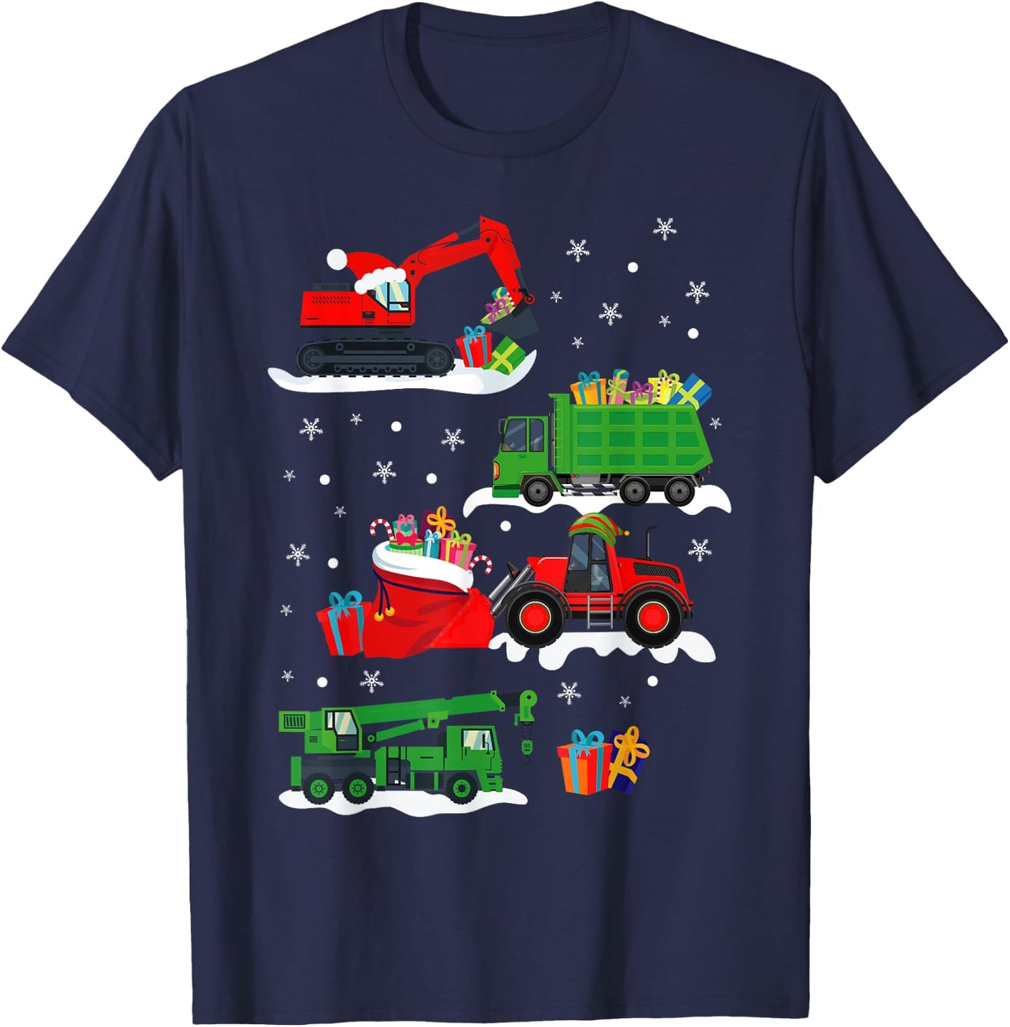 Construction Vehicle Christmas Red Trucks Winter Boys Kids T-Shirt - T-Shirt | Navy