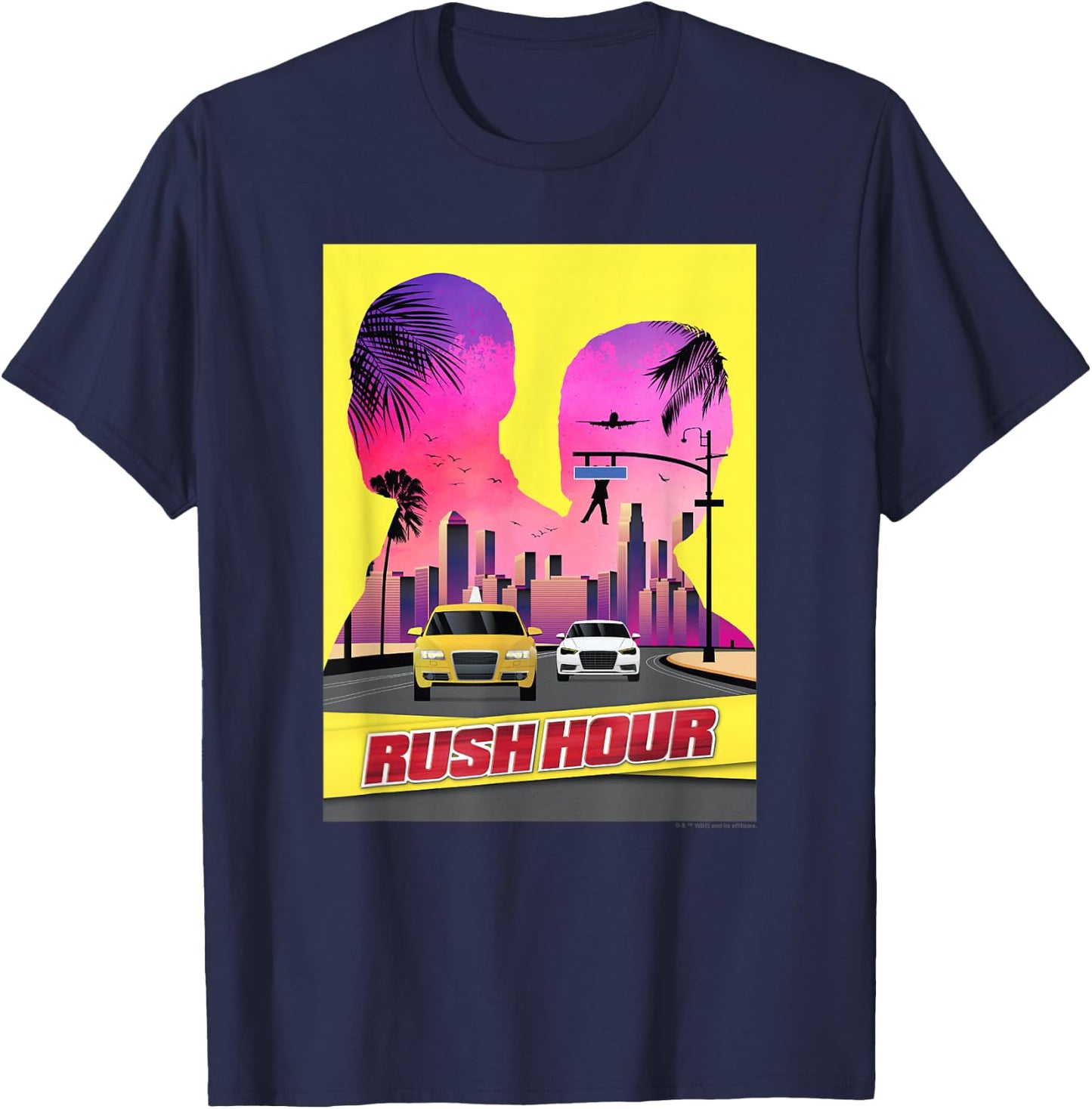 WB100 Rush Hour Retro City Skyline Partner Silhouette Poster T-Shirt - T-Shirt | Navy