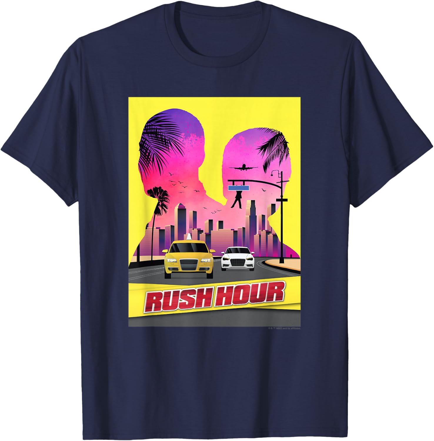 WB100 Rush Hour Retro City Skyline Partner Silhouette Poster T-Shirt - T-Shirt | Navy