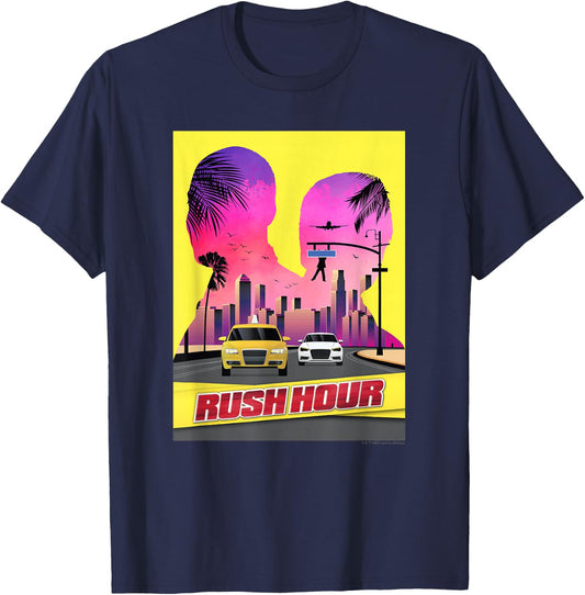 WB100 Rush Hour Retro City Skyline Partner Silhouette Poster T-Shirt - T-Shirt | Navy