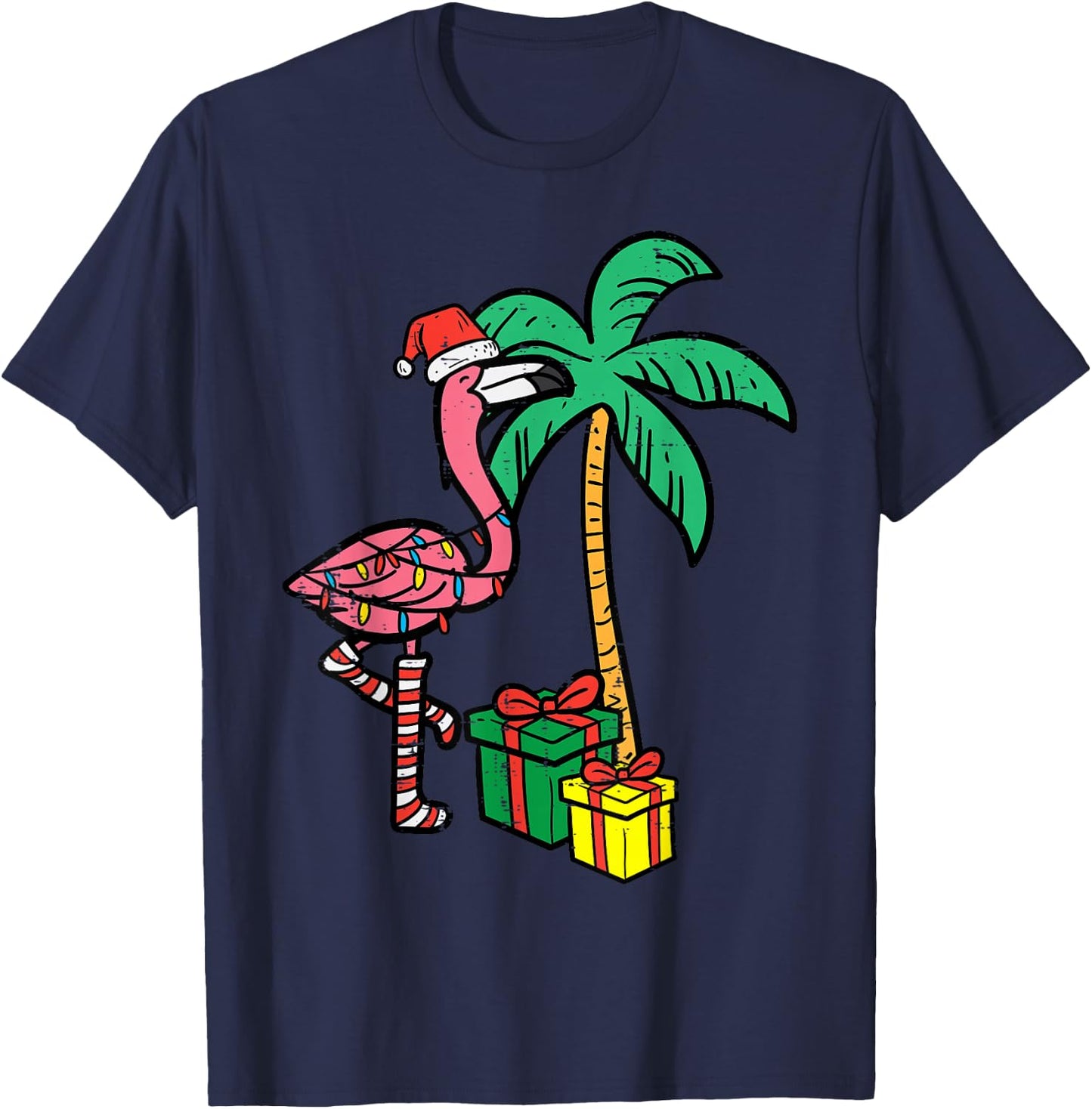 Christmas Flamingo Palm Tree Funny Xmas Beach Men Women Kids T-Shirt - T-Shirt | Navy