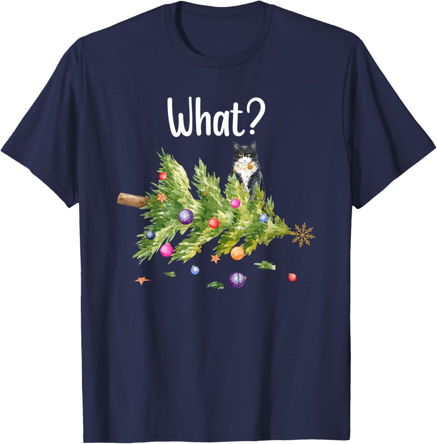 Funny Cat What Holiday Tree Christmas Men Women Kids T-Shirt - T-Shirt | Navy