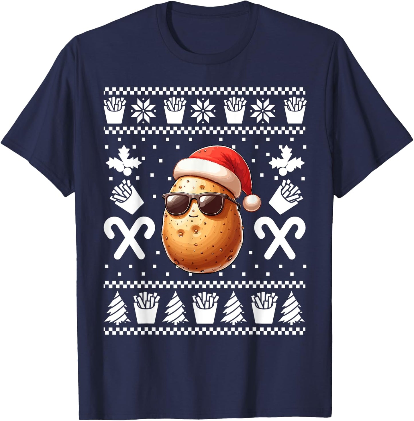 Funny Potato Christmas French Fries Pattern Xmas Season T-Shirt - T-Shirt | Navy