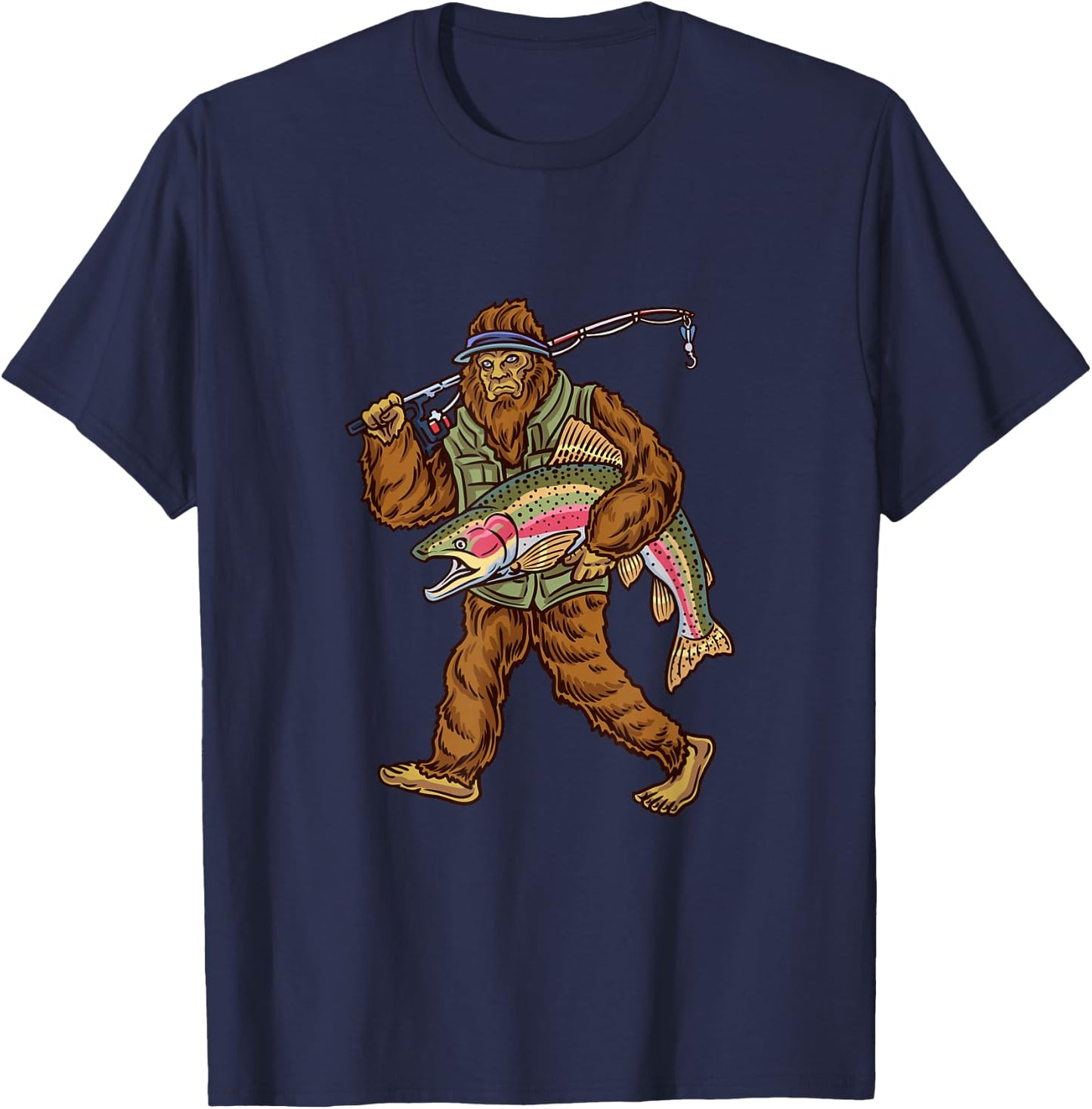 Rainbow Trout River Fishing Bigfoot Hunting Fishermen T-Shirt - T-Shirt | Navy