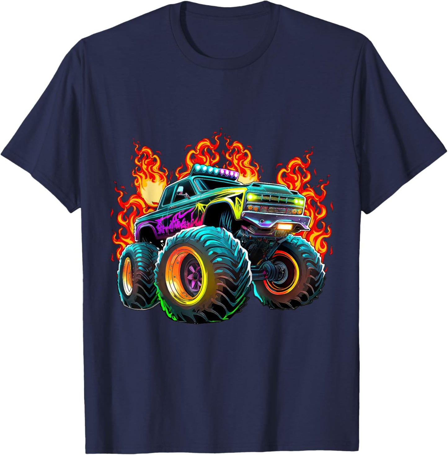 Monster Truck Flame Retro Monster Truck Birthday Boy Party T-Shirt - T-Shirt | Navy