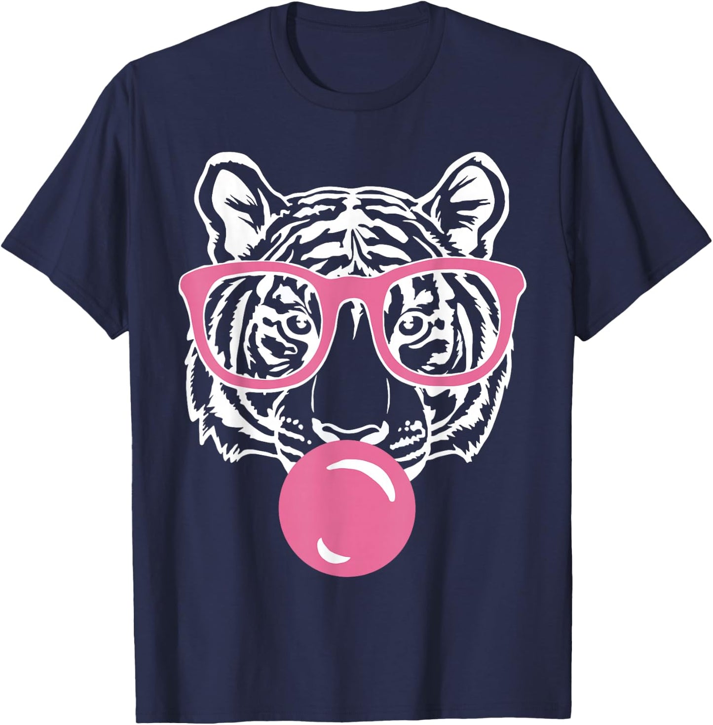 Popping Bubble Gum Tiger Smart Pink Glasses Cat and Tiger T-Shirt - T-Shirt | Navy