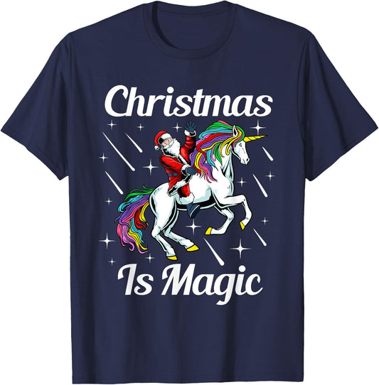 Christmas Is Magic Pajama Cute Santa Riding Unicorn X-Mas T-Shirt - T-Shirt | Navy
