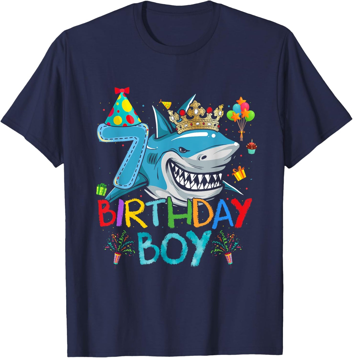 7th Birthday Shark Ocean Theme Party 7 Years Old For Boy T-Shirt - T-Shirt | Navy