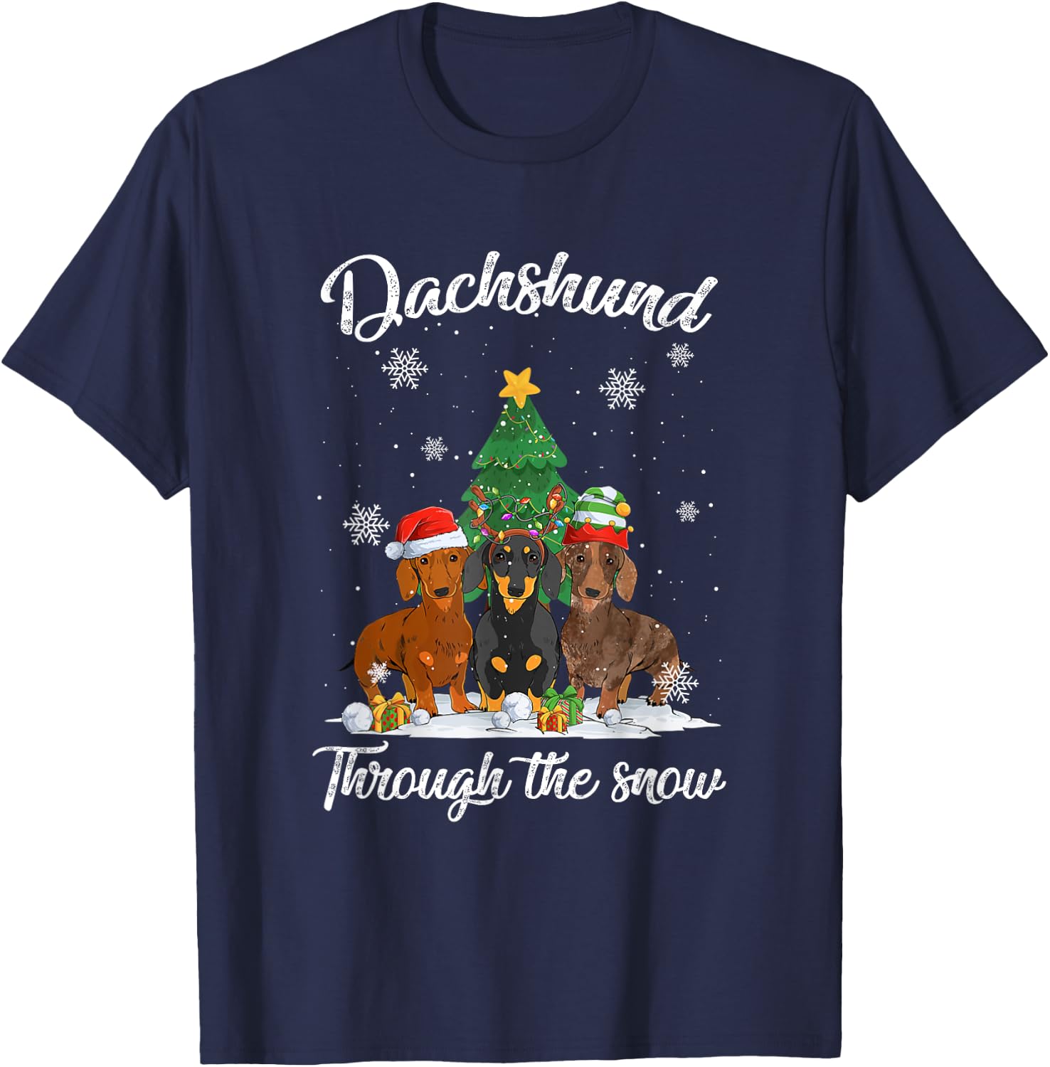 Merry Christmas Dachshund Dog Through The Snow Men Women Kids T-Shirt - T-Shirt | Navy