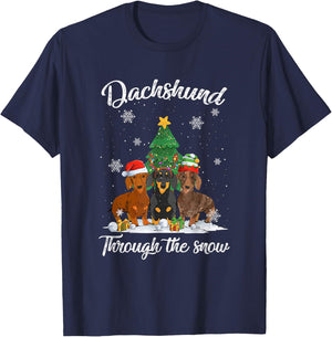 Merry Christmas Dachshund Dog Through The Snow Men Women Kids T-Shirt - T-Shirt | Navy