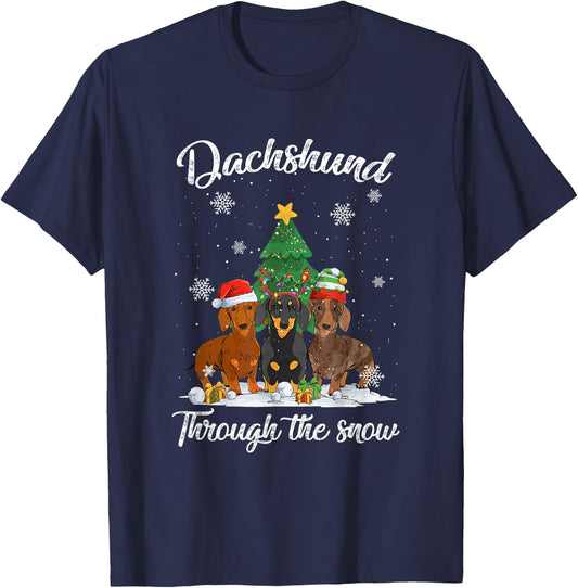 Merry Christmas Dachshund Dog Through The Snow Men Women Kids T-Shirt - T-Shirt | Navy