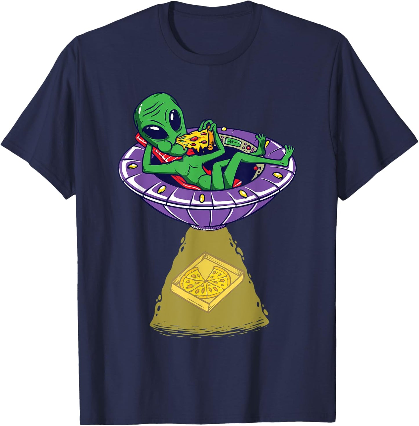 Relaxed Alien Enjoy Eating And Abducting Pizza In UFO T-Shirt - T-Shirt | Navy