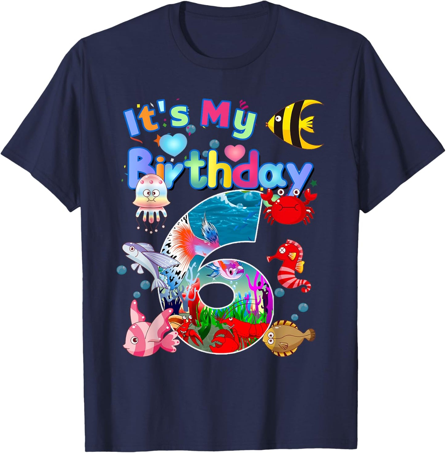 6nd Birthday Party 6 Year Old Sea Fish Aquarium Birthday Boy T-Shirt - T-Shirt | Navy