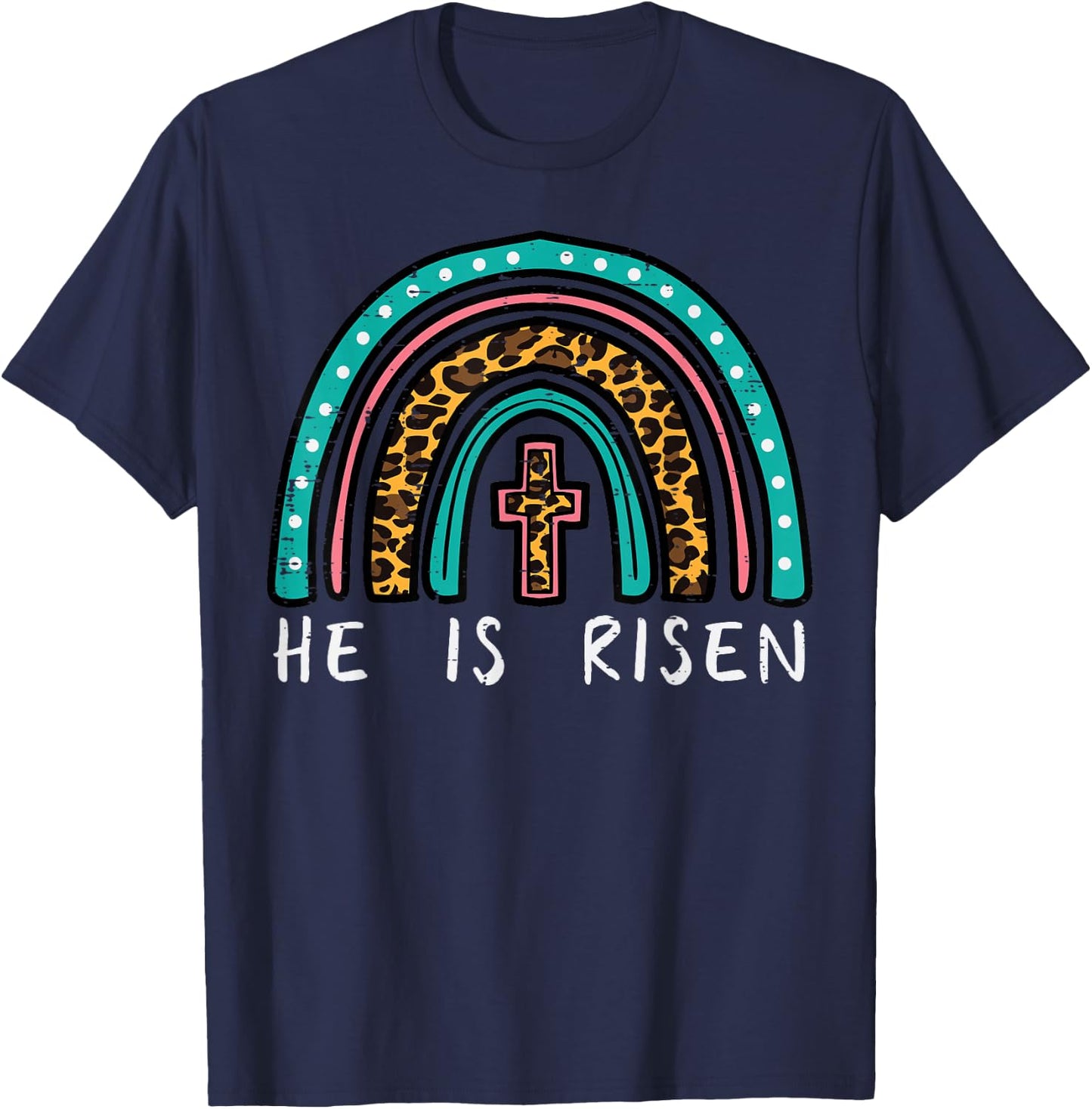 Easter Rainbow He Is Risen Religious Christian Girls Kids T-Shirt - T-Shirt | Navy