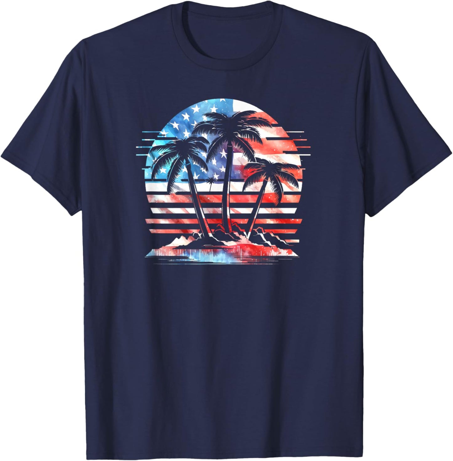 American Flag Retro Beach Palm Trees 4th of July Patriotic T-Shirt - T-Shirt | Navy