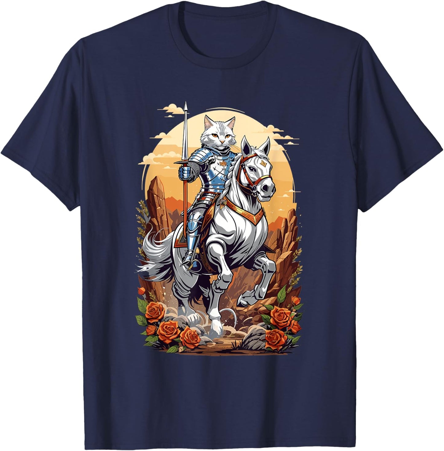 Magical Knight Cat Riding His Horse Into Battle Graphic Women Kids T-Shirt - T-Shirt | Navy