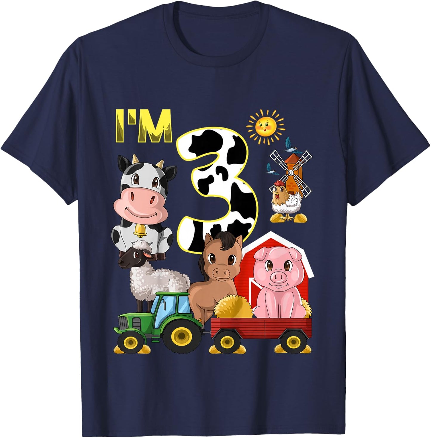 Farm Animals Tractor 3rd Birthday 3 Year Old Birthday Party T-Shirt - T-Shirt | Navy