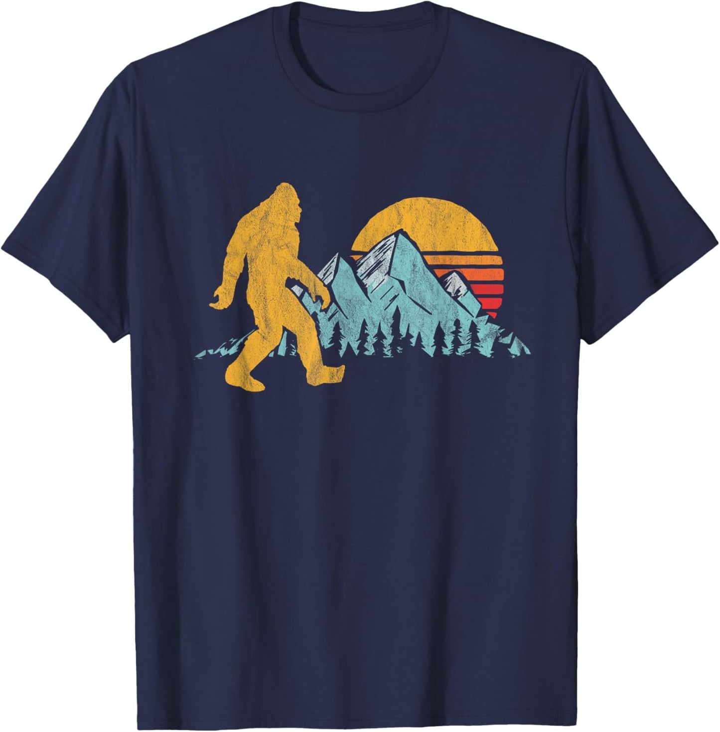 Retro Bigfoot Silhouette Mountain Sun Believe! Graphic T-Shirt - T-Shirt | Navy