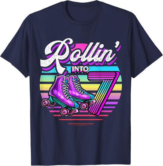 Rollin' into 7 Roller Skating Rink 7th Birthday Party Girls T-Shirt - T-Shirt | Navy