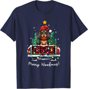 Long Haired Dachshund Christmas Dog Truck Plaid Funny Xmas Men Women Kids T-Shirt - T-Shirt | Navy