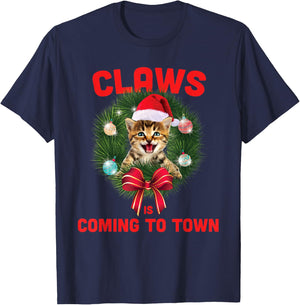 Claws Is Coming To Town Funny Christmas Design - Cat Lovers T-Shirt - T-Shirt | Navy