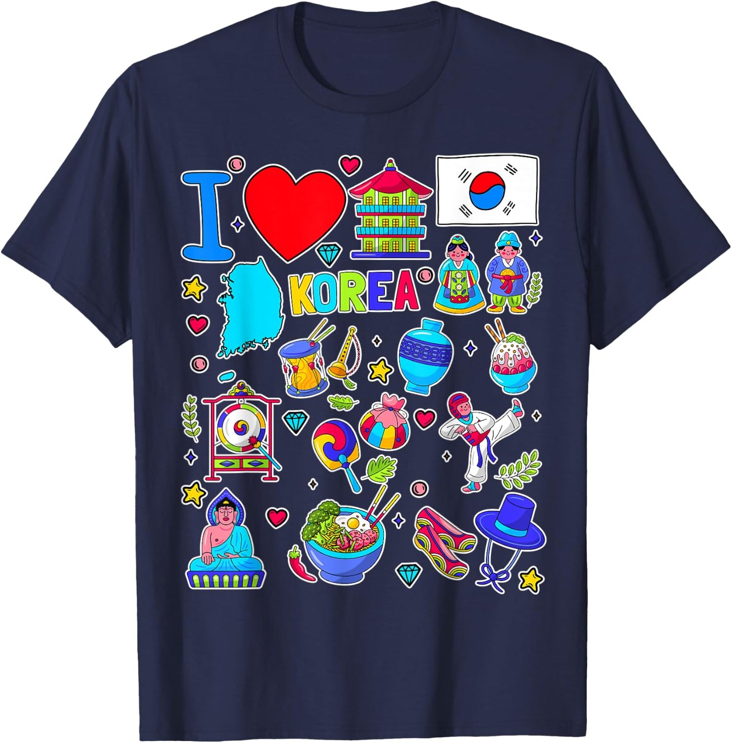 Korean hand drawn landmarks, South Korea map, Culture icons T-Shirt - T-Shirt | Navy