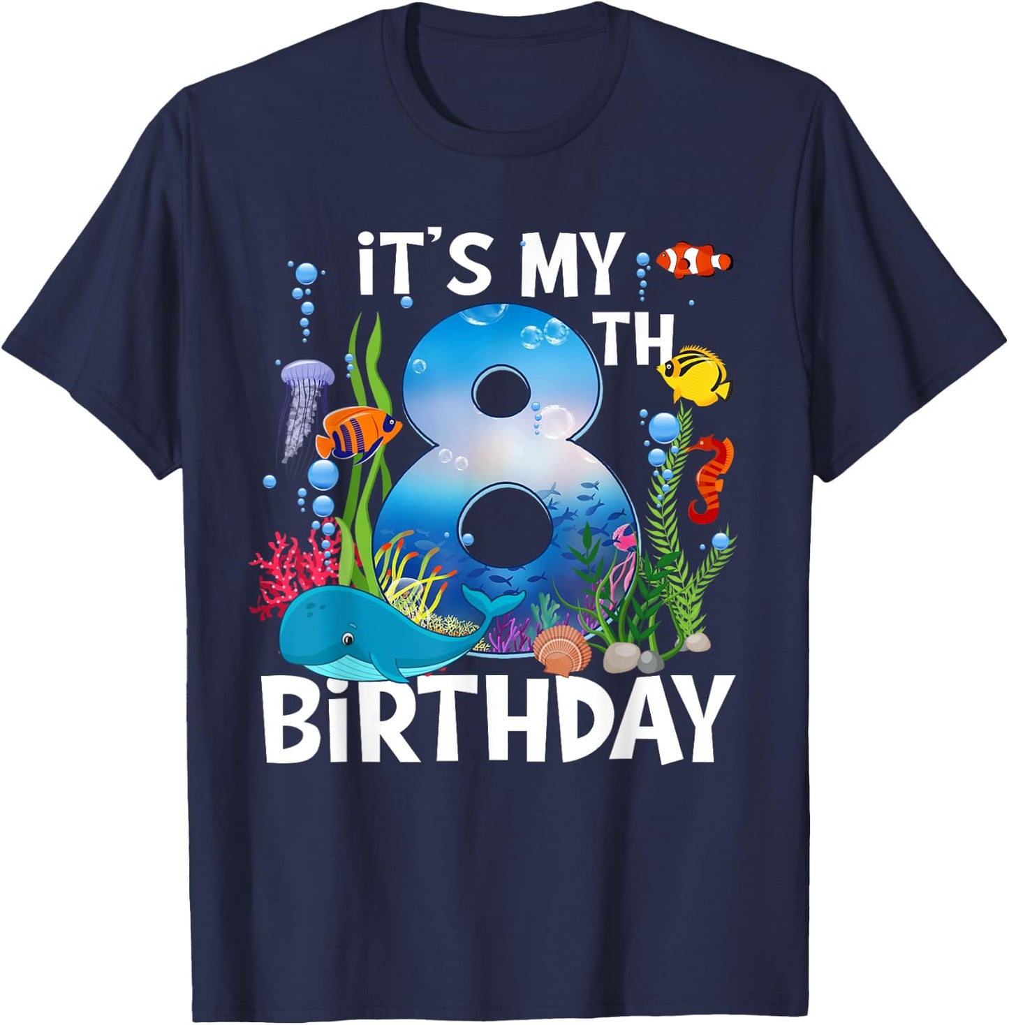 Kids 8 Year Old Ocean Life Whale Dolphin Shark 8th Birthday T-Shirt - T-Shirt | Navy