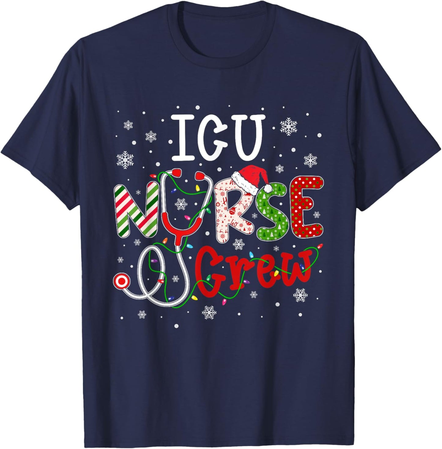 ICU Christmas Nurse Crew Funny Nursing Christmas Pattern T-Shirt - T-Shirt | Navy