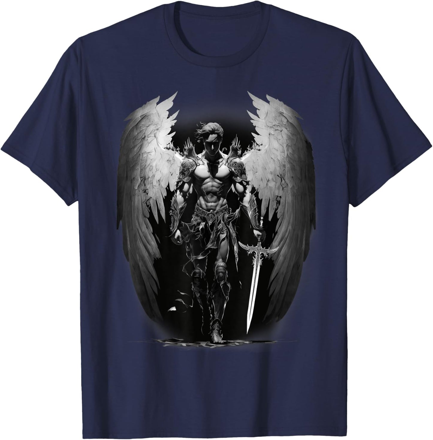 Angel Archangel with Sword, Wings in B&W Walking to Fight. T-Shirt - T-Shirt | Navy