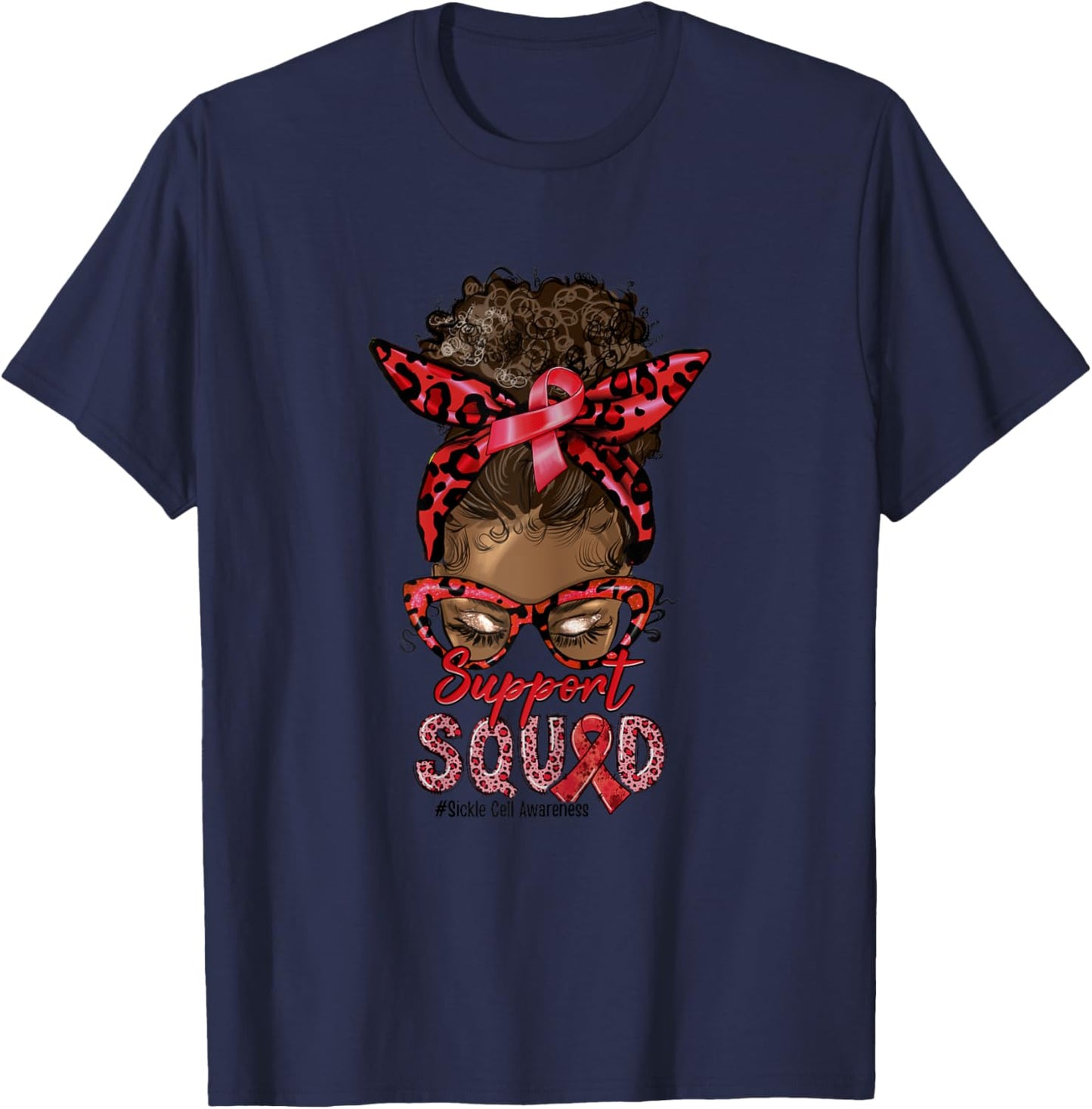 Support Squad Afro Messy Bun Leopard Sickle Cell Awareness T-Shirt - T-Shirt | Navy