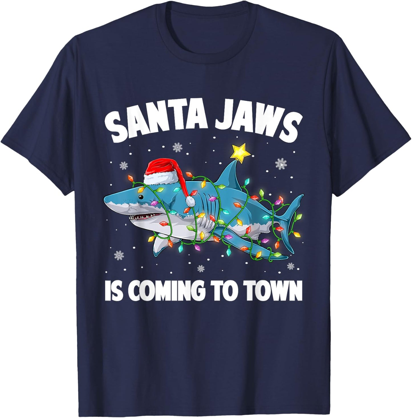 Santa Jaws Shark Christmas Lights Merry Sharkmas Xmas Boys T-Shirt - T-Shirt | Navy
