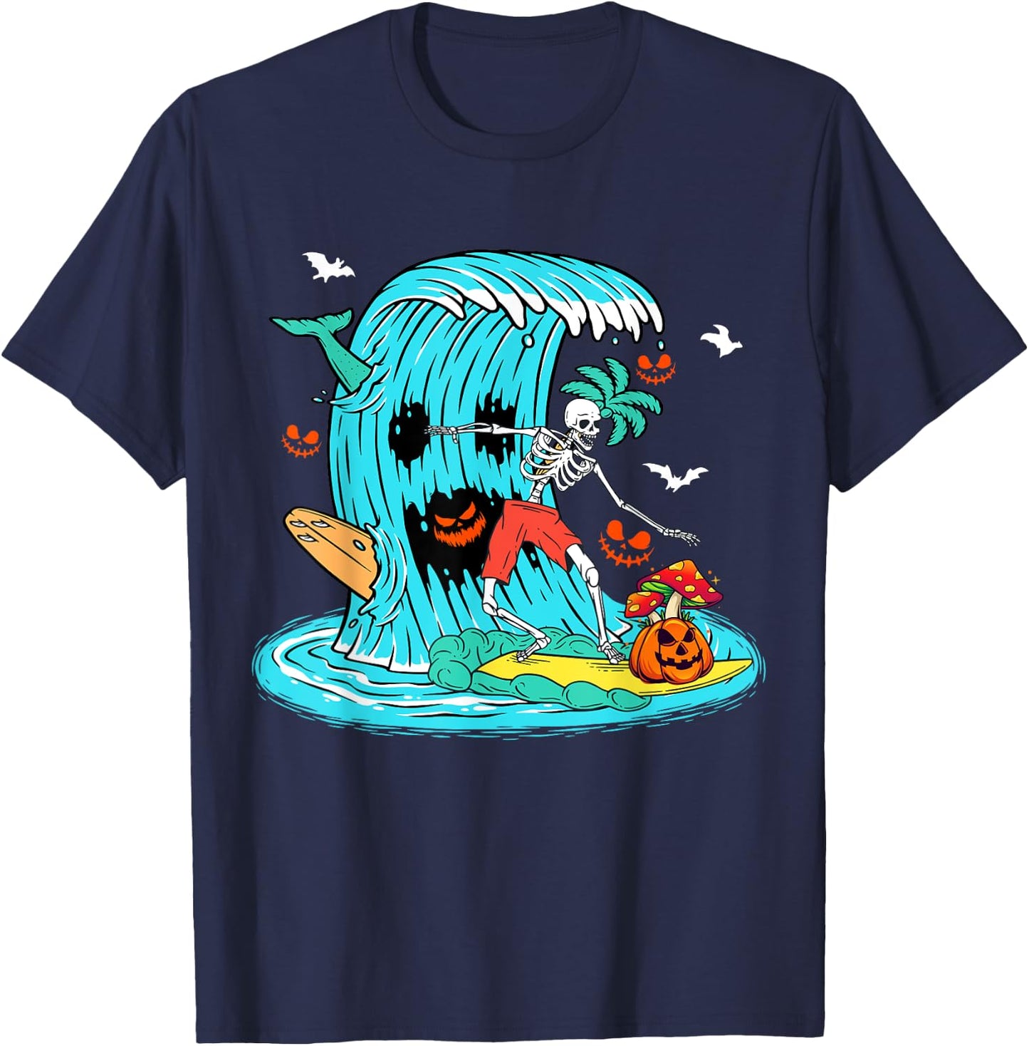 Skeleton Surfing Hawaiian Halloween Surfer Horror Pumpkin T-Shirt - T-Shirt | Navy