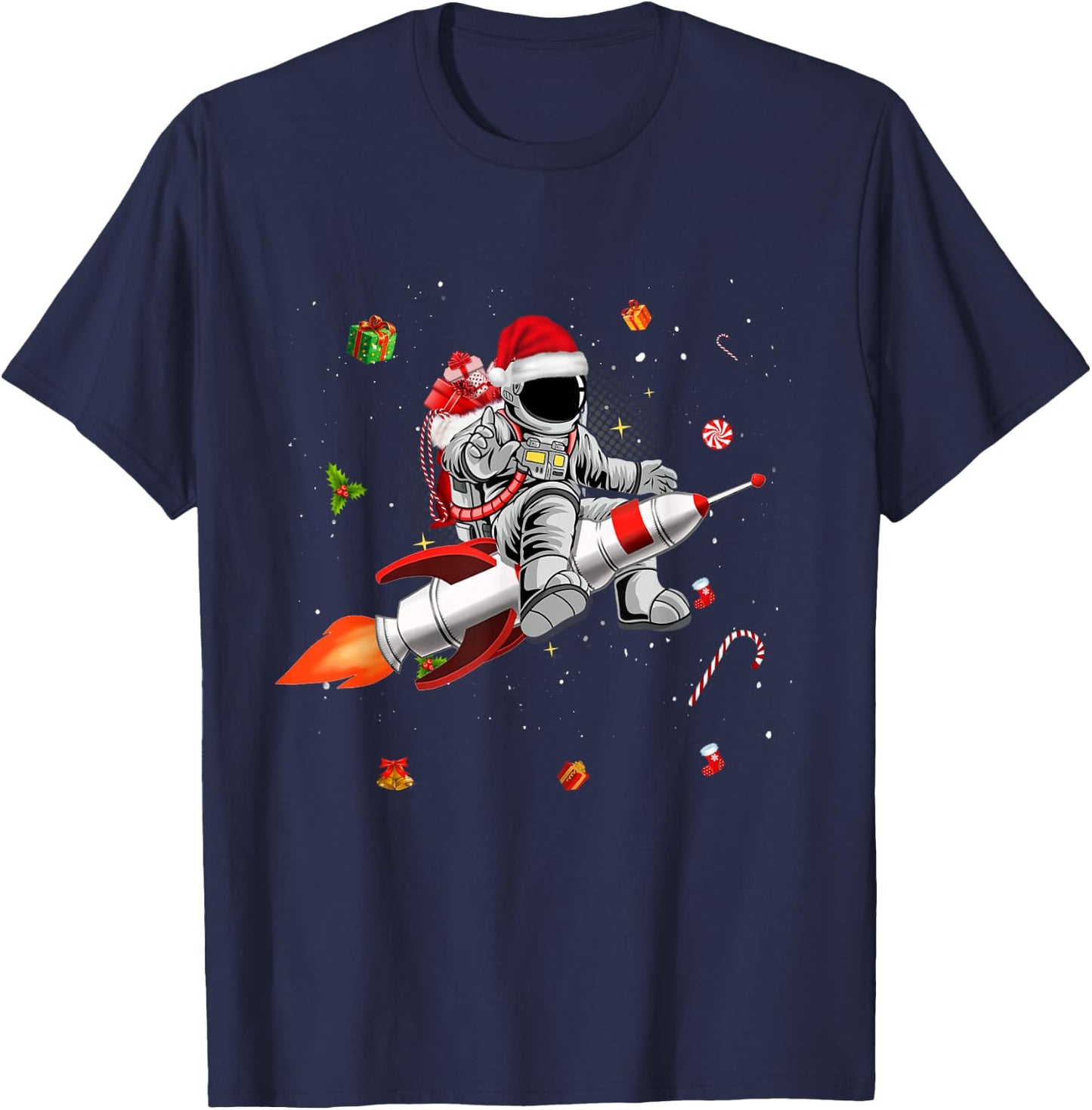Astronaut Santa Riding Rocket Ship Planets Space Moon Galaxy T-Shirt - T-Shirt | Navy