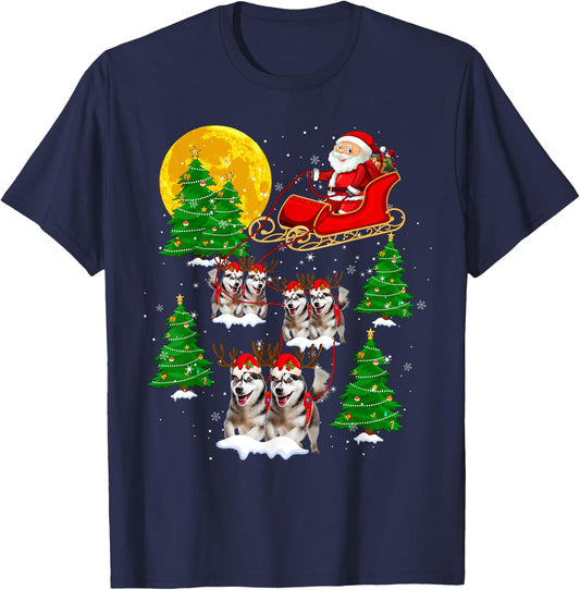 Cute Reindeer Husky Dogs Pulling Santa Sled Christmas Pajama T-Shirt - T-Shirt | Navy
