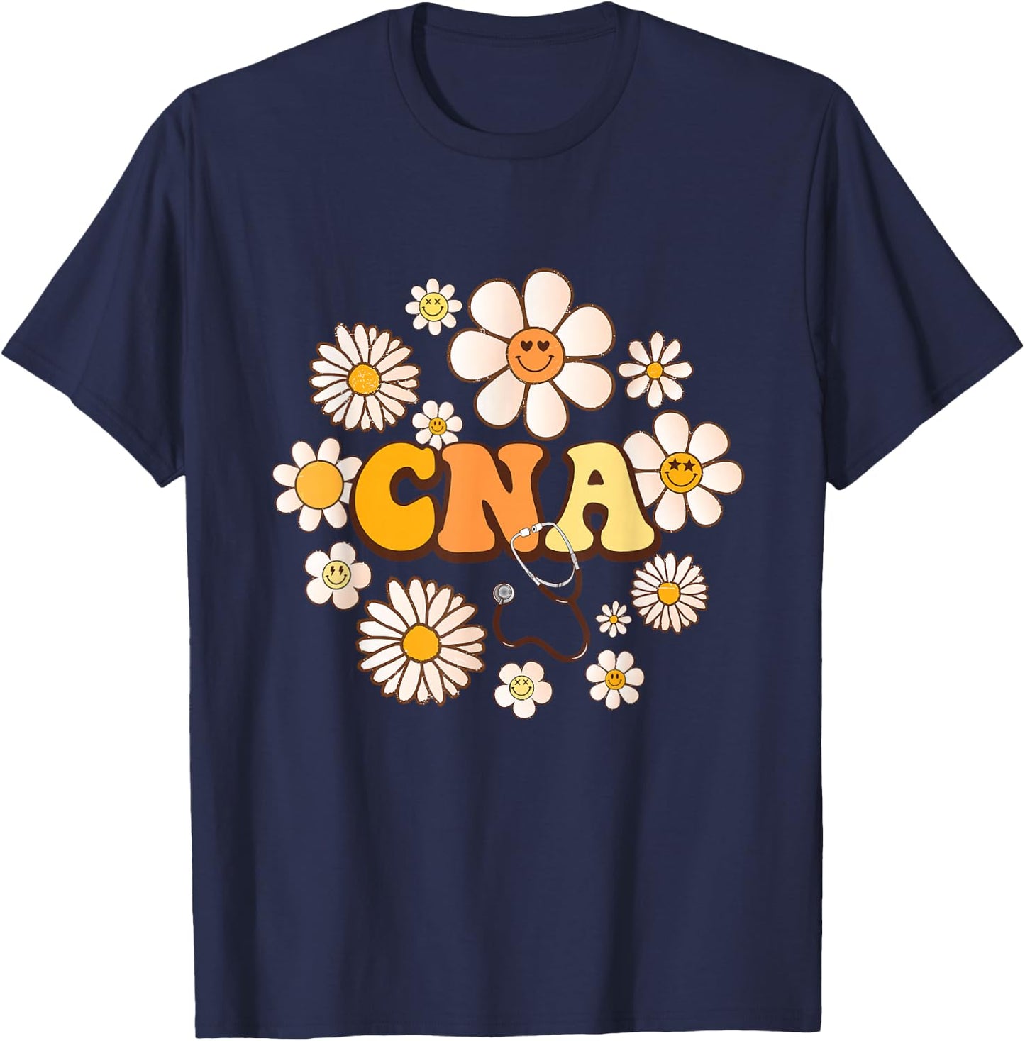 Groovy smile face wildFlower CNA Certified Nursing Assistant T-Shirt - T-Shirt | Navy
