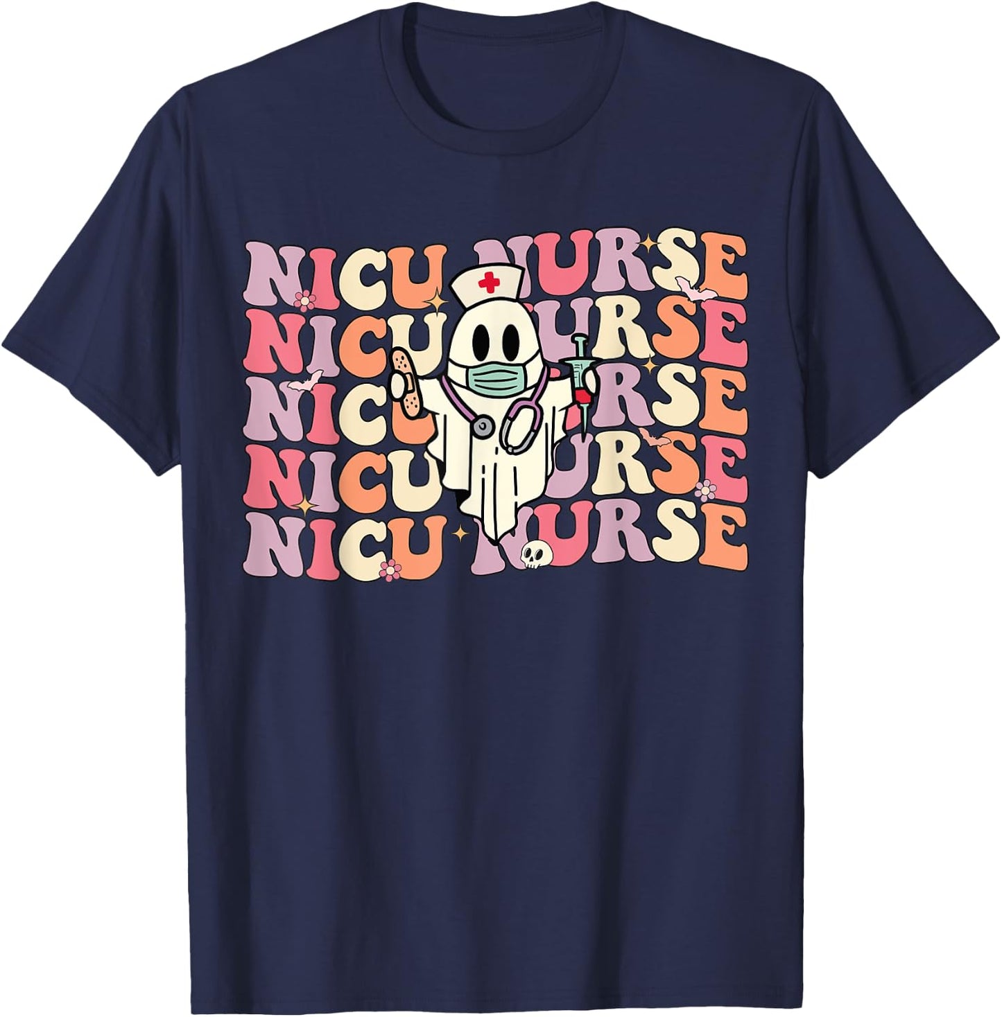 Groovy NICU Nurse Halloween Ghost Costume Neonatal Nurse T-Shirt - T-Shirt | Navy