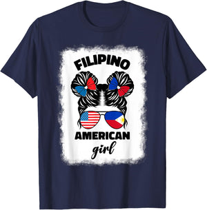 Half American Half Filipino Philippines Usa Flag Kids Girl T-Shirt - T-Shirt | Navy