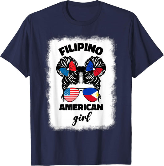 Half American Half Filipino Philippines Usa Flag Kids Girl T-Shirt - T-Shirt | Navy